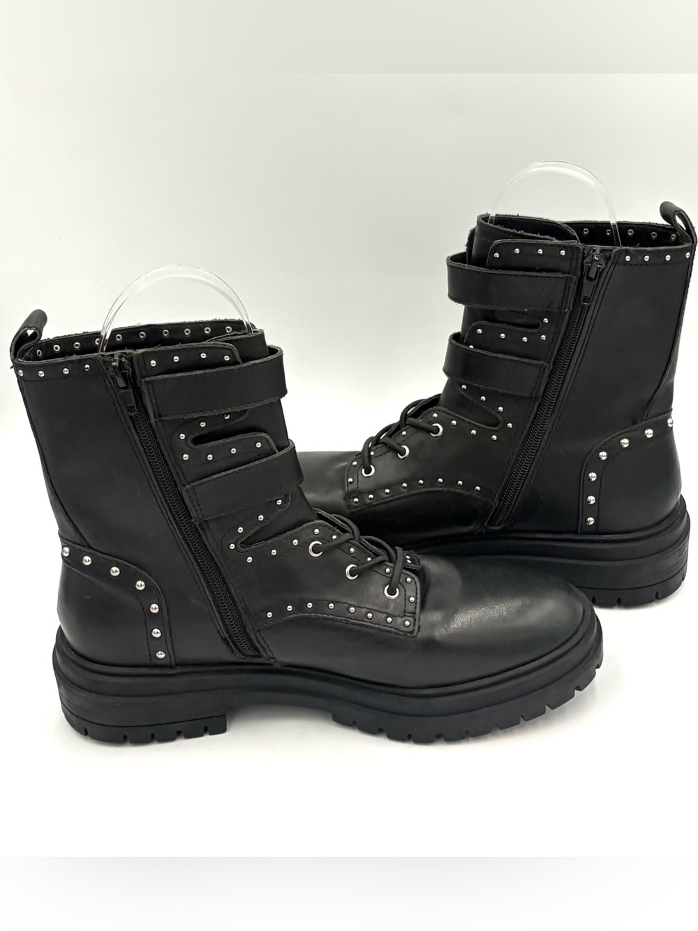 Chelsea & Violet Black Studded Leather Chunky Mid-Calf Combat Biker Boots Size 9